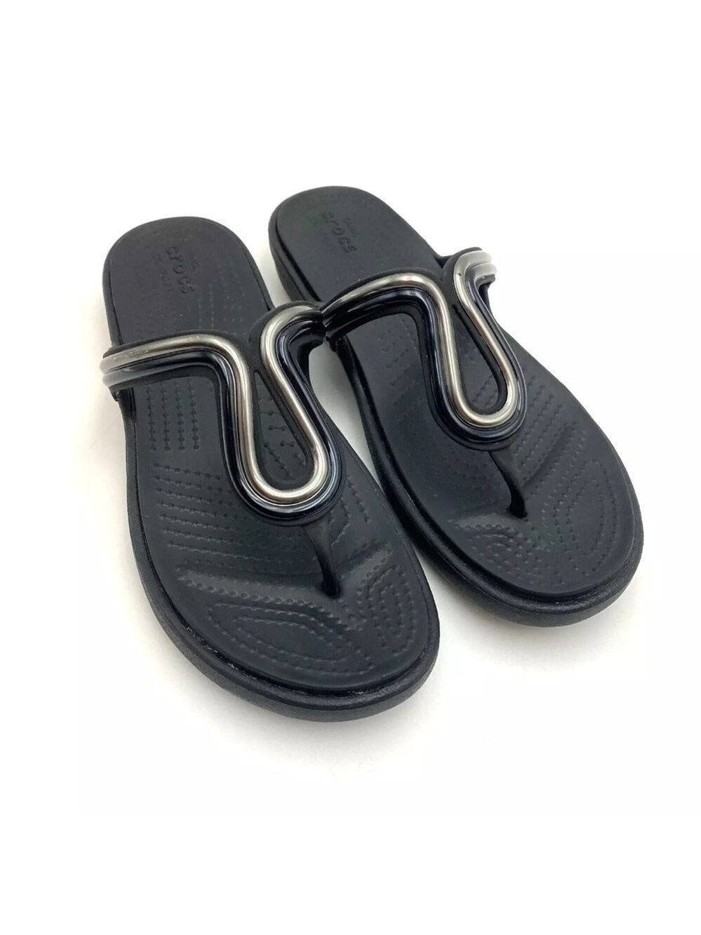Crocs Dual Comfort Women's Sanrah Thong Flip Flop Sandals Black/Silver Sz 10